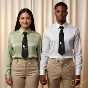 Pu&ograve; includere: Due persone in abbigliamento formale. Una persona indossa una camicia verde chiaro, pantaloni color cachi e una cravatta nera con un disegno di rosa bianca. L'altra persona indossa una camicia bianca, pantaloni color cachi e una cravatta nera con un disegno di rosa bianca.