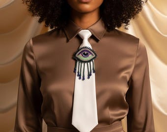 Eye Motif Tie for Women, Beaded Statement Necktie, Artistic Evil Eye Design, White Necktie, Unique Fashion Accessory, Gift For Her