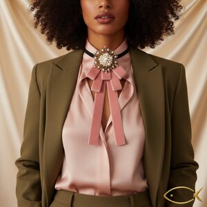 K&ouml;nnte beinhalten: Nahaufnahme einer Frau in einer rosa Bluse und einem olivgr&uuml;nen Blazer. Die Bluse hat eine rosa Samtschleife und einen schwarzen Choker mit einer Perlen- und Goldbrosche. Der Blazer ist einfarbig.