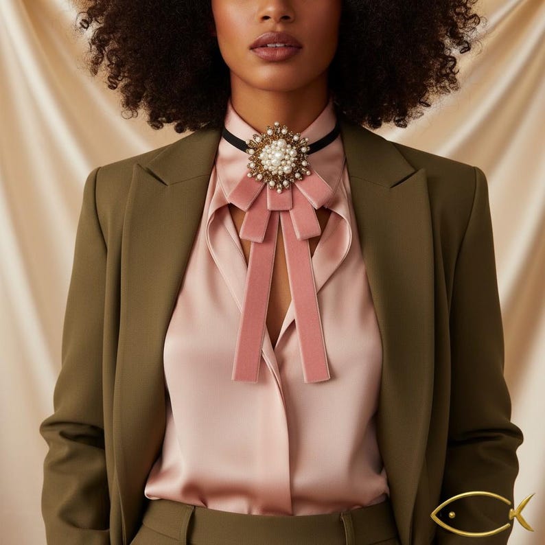 K&ouml;nnte beinhalten: Nahaufnahme einer Frau in einer rosa Bluse und einem olivgr&uuml;nen Blazer. Die Bluse hat eine rosa Samtschleife und einen schwarzen Choker mit einer Perlen- und Goldbrosche. Der Blazer ist einfarbig.