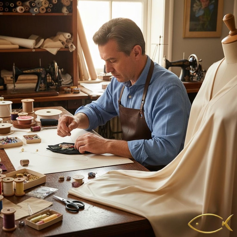 Op de afbeelding: Een kleermaker werkt in een goed verlichte werkplaats en naait zorgvuldig een kledingstuk. De sc&egrave;ne omvat spoelen garen, naai-gereedschap en een paspop met stof. De kleermaker draagt een blauw overhemd en een bruin leren schort, geconcentreerd op zijn werk.