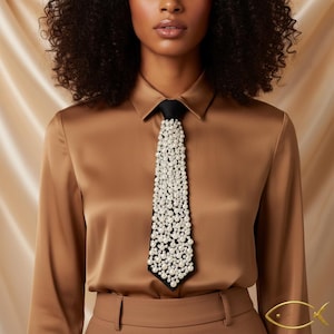 Svart pärlhalsband för kvinnor, elegant slips med fuskpärlor, iögonfallande slips för kvinnor, elegant formell accessoar, modern modeslips