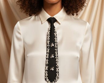 Corbata de perlas, corbata negra elegante, corbata para mujer, corbata con cuentas, regalo único, ropa formal, accesorio de moda