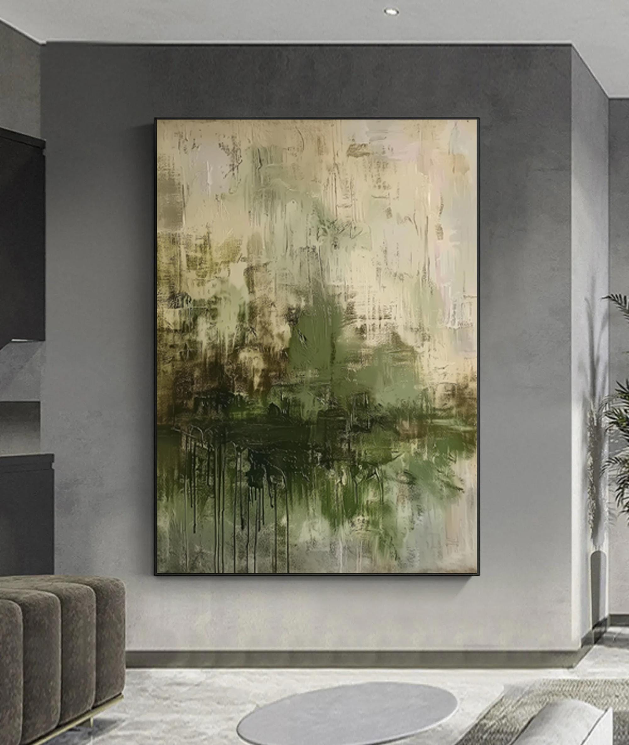 Wabi Sabi Textured Abstract Oil Painting - Earthy Green Tones Wall Art ...