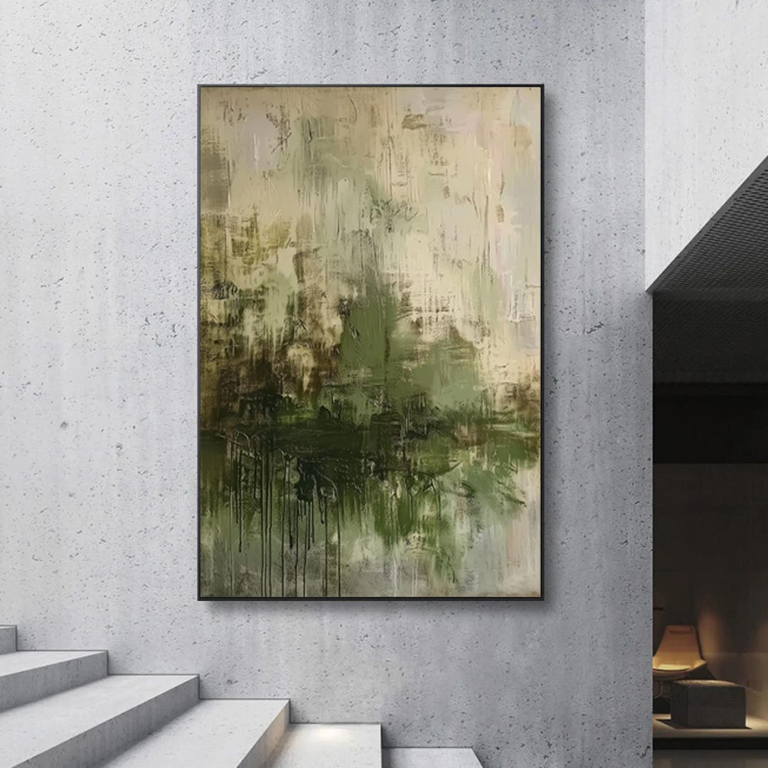 Wabi Sabi Textured Abstract Oil Painting - Earthy Green Tones Wall Art ...