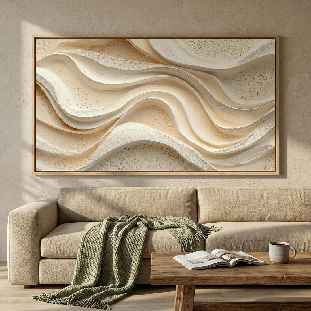 Beige Abstract Wall Art Heavy Texture Canvas Painting 3D Wave Plaster ...