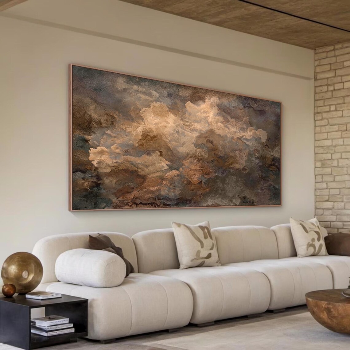Brown Wabi Sabi Oil Painting, Neutral Tone Abstract Art With Textured ...