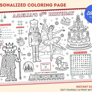 Op de afbeelding: Een zwart-wit kleurplaat met de tekst "PERSONALIZED COLORING PAGE" en "AMELIA'S 5TH BIRTHDAY". De pagina bevat een notenkraker, een ballerina, een verjaardagstaart en andere feestelijke illustraties. Inclusief woordpuzzels en een doolhof.