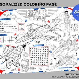 Air Force Birthday Coloring Placemat : Editable Fighter Jet Party Activity Sheet (Digital Download)