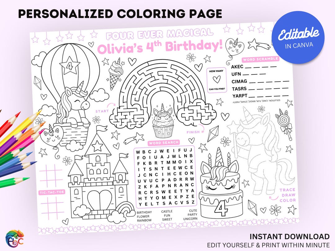 Unicorn Birthday Coloring Placemat : Editable Magical Party Activity ...
