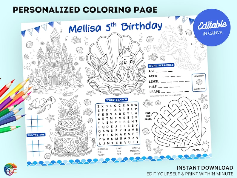 Editable Mermaid Birthday Coloring Placemat : Printable Under the Sea ...