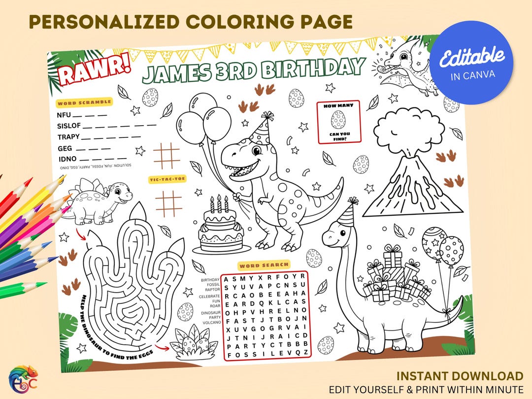 Dinosaur Birthday Coloring Placemat : Personalized Dino Party Activity ...