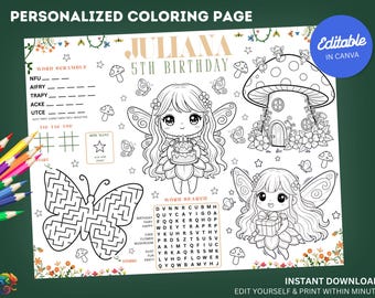 Editable Fairy Birthday Coloring Placemat : Personalized Enchanted Garden Party Activity Sheet (Digital Download)