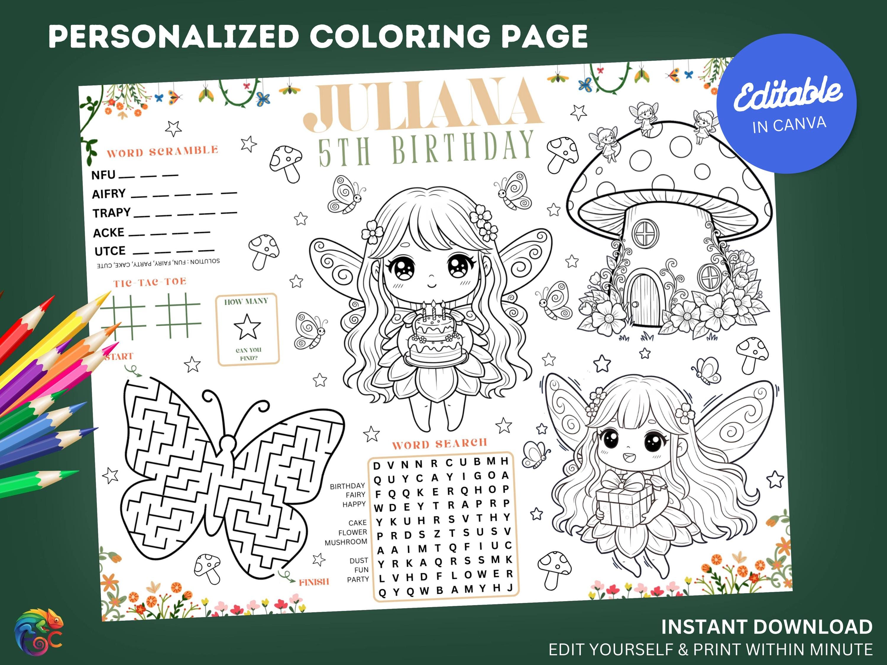 Editable Fairy Birthday Coloring Placemat : Personalized Enchanted ...