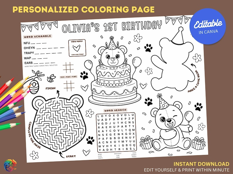 Editable Bear Birthday Coloring Placemat : Teddy Bear Party Activity ...
