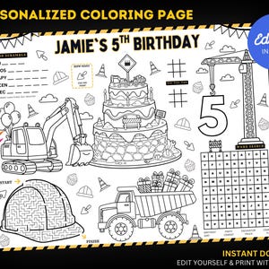 Construction Birthday Coloring Placemat : Editable Truck and Excavator Party Activity Sheet (Digital Download)