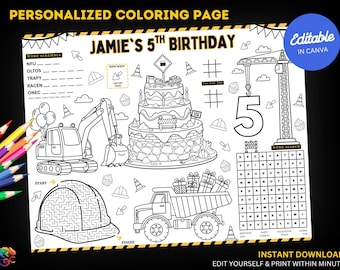 Jogo americano para colorir com tema de construção para aniversário: Folha de atividades editável para festa com caminhões e escavadeiras (Download digital)