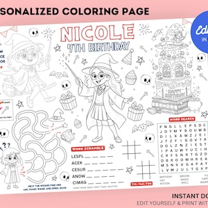 Magical Wizard Girl Birthday Coloring Placemat : Editable Witch Party Activity Sheet (Digital Download)