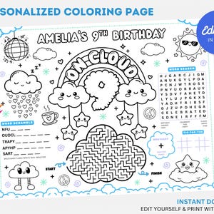 On Cloud Nine Birthday Coloring Placemat : Editable 9th Birthday Party Activity Sheet (Digital Download)
