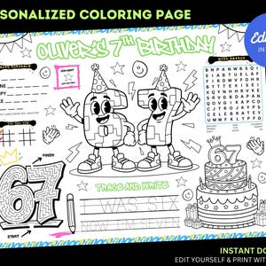 May include: Black and white coloring page with the text "PERSONALIZED COLORING PAGE" and "OLIVER'S 7TH BIRTHDAY". Features cartoon numbers, a cake, and word puzzles. Includes the text "TRACE AND WRITE I WAS SIX NOW I'M SEVEN".