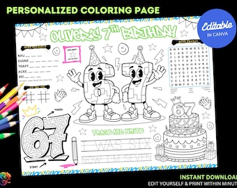 Six Seven Birthday Coloring Placemat : Editable 6 7  Party Kids Activity Sheet (Digital Download)