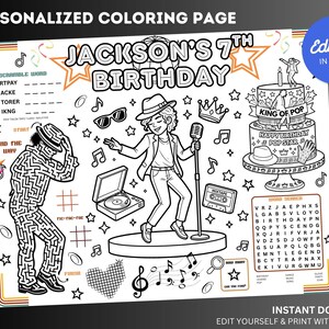Può includere: Una pagina da colorare personalizzata con il testo Jackson's 7th Birthday, King of Pop e Happy Birthday Pop Star. Il disegno al tratto in bianco e nero include una figura che balla, un microfono, un giradischi, una torta e giochi di parole.