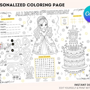 Prinzessin Geburtstag Mal-Tischset: Personalisiertes Kinderparty-Aktivitätenblatt (digitaler Download)