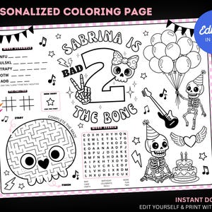 Napperon à colorier anniversaire Bad Two the Bone : feuille d'activités modifiable pour la fête des squelettes (téléchargement numérique)