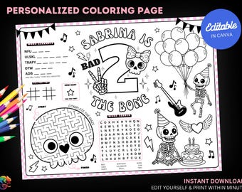 Bad Two the Bone Birthday Coloring Placemat : Editable Skeleton Party Activity Sheet (Digital Download)