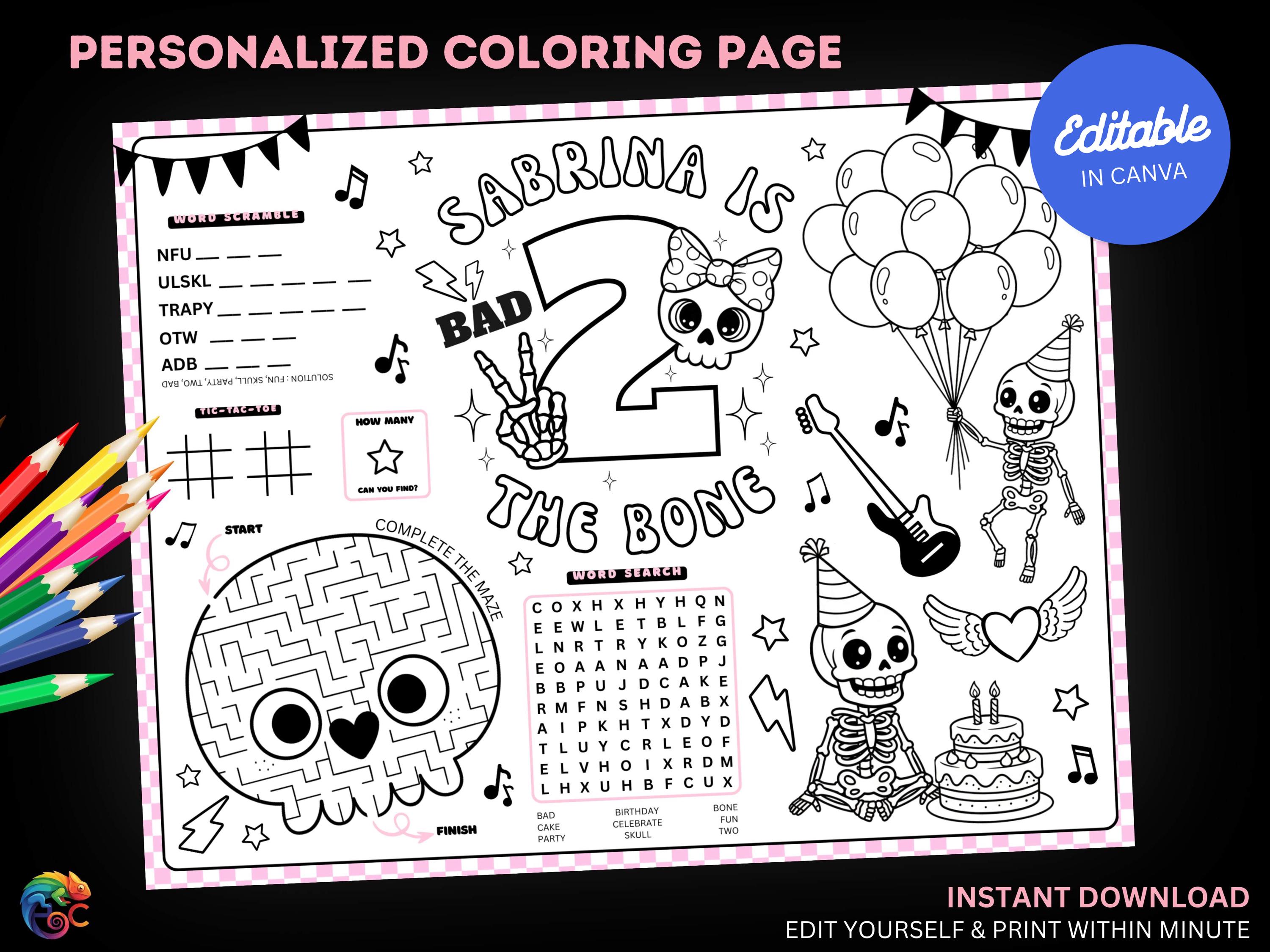 Bad Two the Bone Birthday Coloring Placemat: Editable Skeleton Party…
