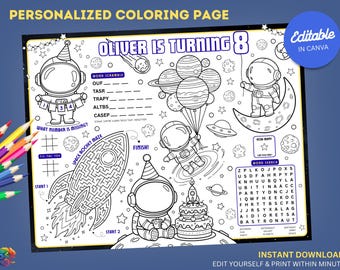 Editable Outer Space Birthday Coloring Placemat : Printable Astronaut Party Activity Sheet (Digital Download)
