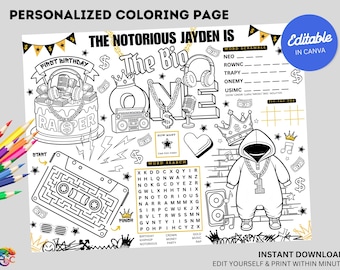 Notorious Big One Birthday Coloring Placemat : Editable Hip Hop Party Activity Sheet (Digital Download)
