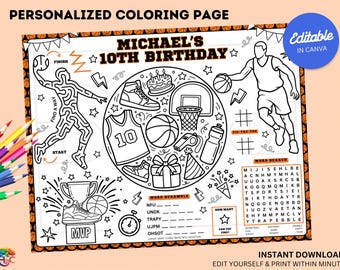 Editable Basketball Birthday Coloring Placemat : Sports Theme Kids Party Activity Sheet (Digital Download)