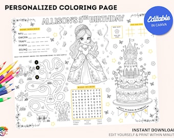 Bearbeitbares Prinzessin Geburtstags-Tischset: Personalisiertes Mädchen-Party-Aktivitätenblatt (digitaler Download)
