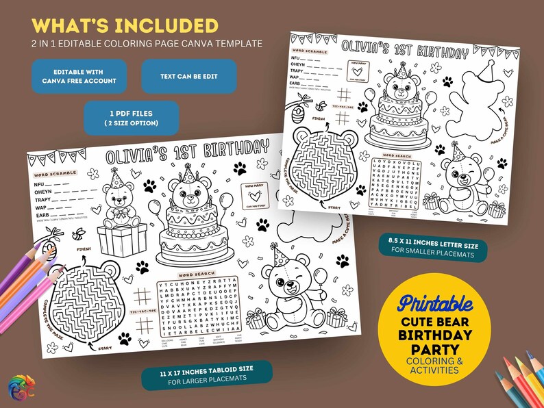Editable Bear Birthday Coloring Placemat : Teddy Bear Party Activity ...