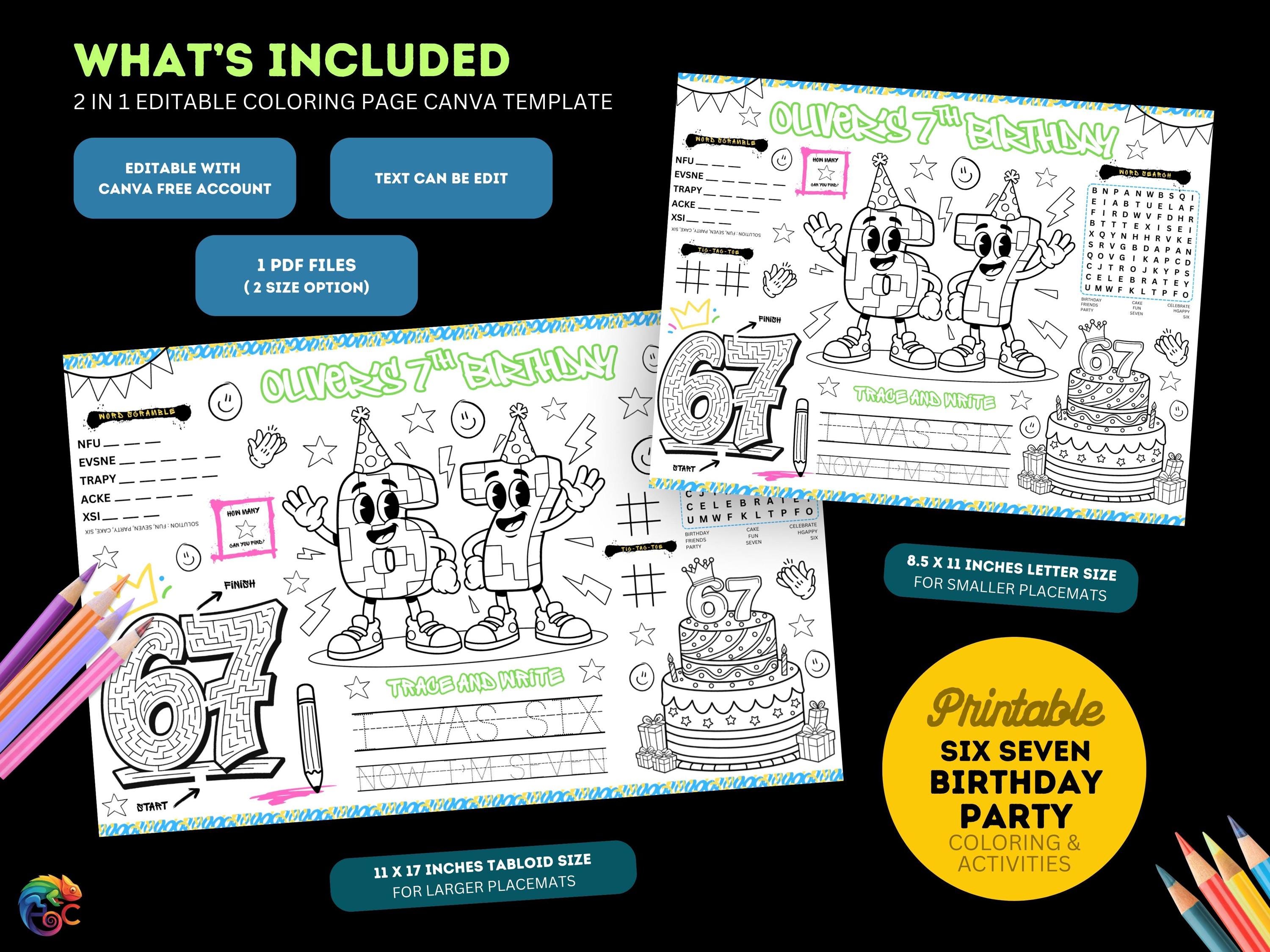 Six Seven Birthday Coloring Placemat : Editable 6 7 Party Kids Activity