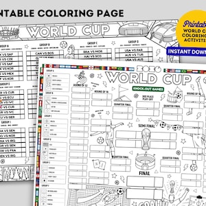 May include: A printable coloring page featuring a World Cup tournament bracket with match schedules, group stages, and knock-out game charts. The black and white line art includes soccer balls, stadiums, and player illustrations with national flags.