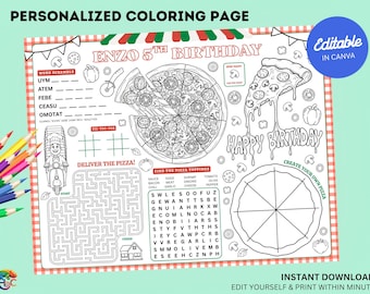 Bearbeitbares Pizza-Geburtstags-Mal-Tischset: Kinder-Food-Party-Aktivitäten (Digitaler Download)