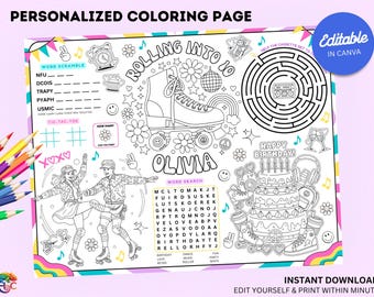Editable Roller Skate Birthday Coloring Placemat : Printable 90s Disco Party Activity Sheet (Digital Download)
