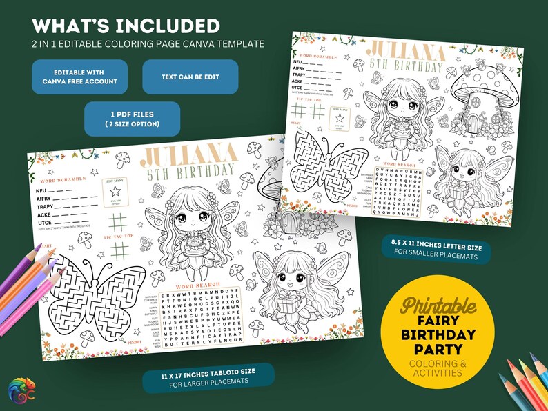 Editable Fairy Birthday Coloring Placemat : Personalized Enchanted ...