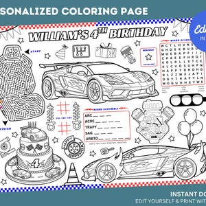 Puede incluir: Página para colorear en blanco y negro con temática de coches de carreras. Presenta un coche de carreras, un laberinto, una tarta de cumpleaños y juegos de palabras. El texto incluye "William's 4th Birthday" y "Editable in Canva."