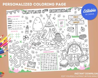 Editable Camping Birthday Coloring Placemat : Camper Girl Party Activity Sheet (Digital Download)