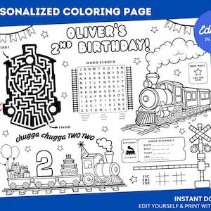 Peut inclure: Page de coloriage en noir et blanc sur le thème des trains. Comprend un labyrinthe, une recherche de mots et un jeu de mots. Le texte comprend "Oliver's 2nd Birthday!" et "chugga chugga TWO TWO". Comprend un train avec un gâteau d'anniversaire.