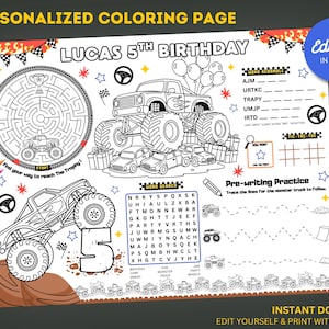 Editable Monster Jam Birthday Coloring Placemat : Monster Truck Party Activity Sheet (Digital Download)