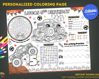 Editable Monster Jam Birthday Coloring Placemat : Monster Truck Party Activity Sheet (Digital Download)