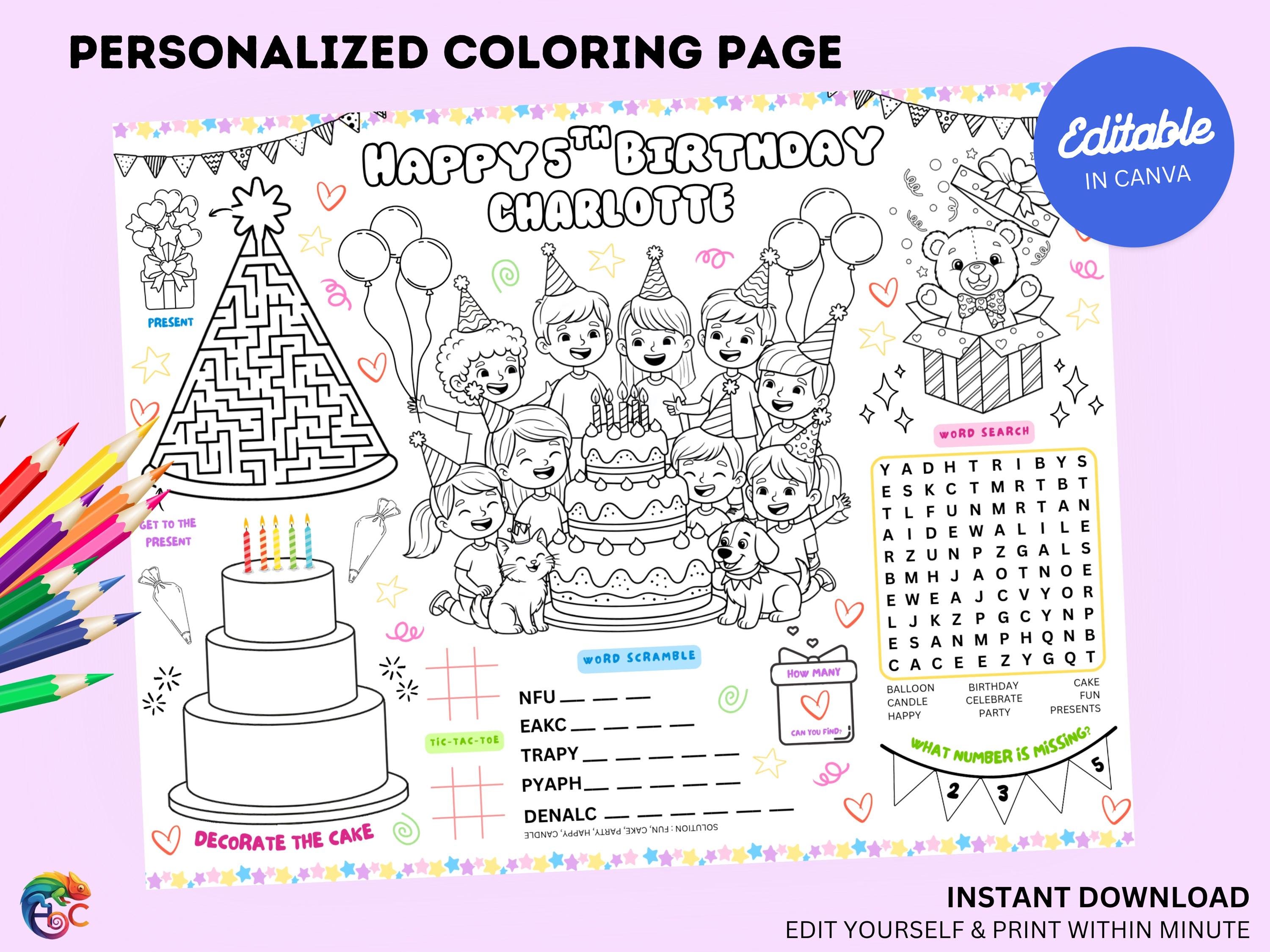 Editable Kids Birthday Coloring Placemat : Personalized Birthday Cake ...