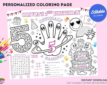 Op de afbeelding: Een gepersonaliseerde kleurplaat voor een 5e verjaardag, met een doolhof, woordzoeker en taart. Het ontwerp bevat de tekst "Olivia's 5th Birthday" en "A Handful". Bewerkbaar in Canva en direct te downloaden.