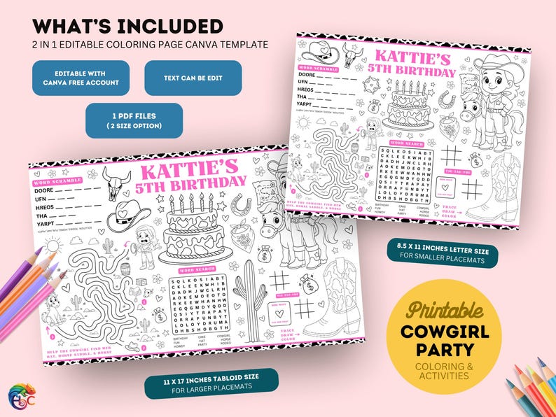 Editable Pink Cowgirl Birthday Coloring Placemat : Girl Rodeo Party ...