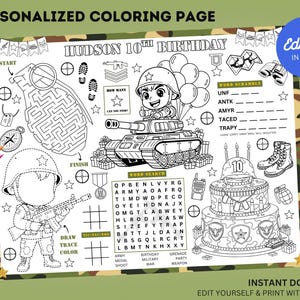 Editable Military Birthday Coloring Placemat : Army Tank Party Activity Sheet (Digital Download)