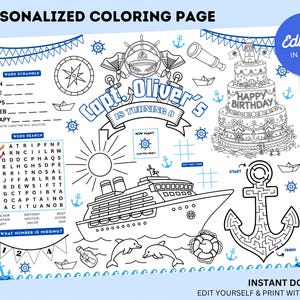 Editable Cruise Birthday Coloring Placemat : Nautical Ship Party Activity Sheet (Digital Download)